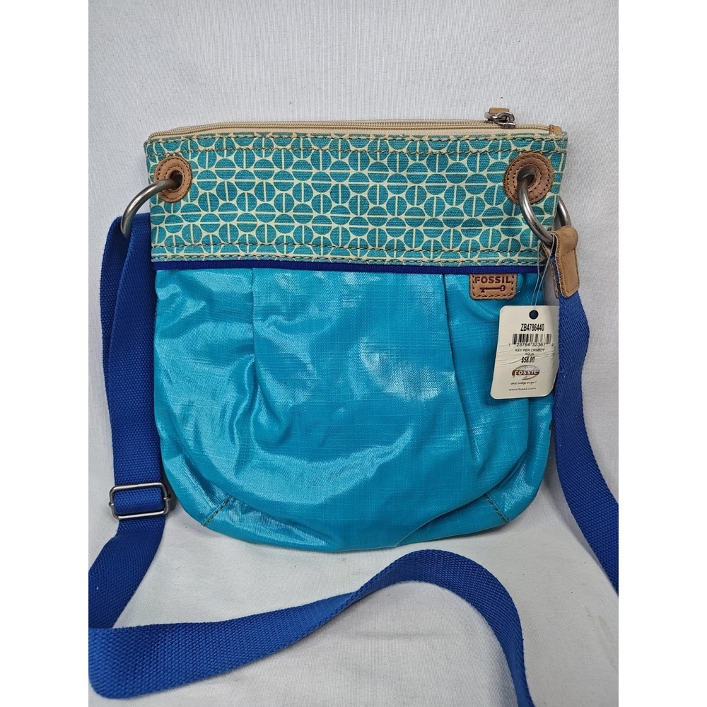 Fossil Key-Per Crossbody Bag NWT Aqua Blue Geometric Coated Canvas Purse
